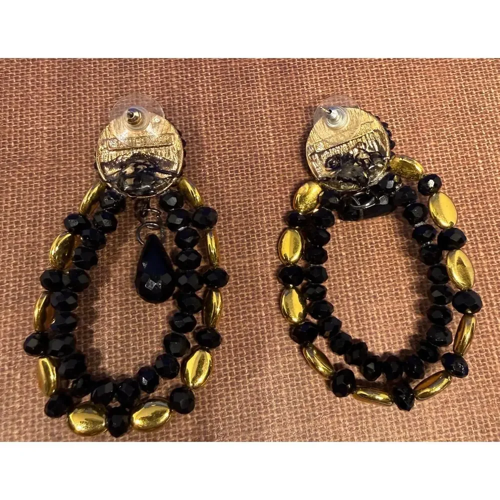 🧚🏻‍♀️ Handmade Black & Gold Beaded Drop Earrings Statement 2.75” Bold Chic